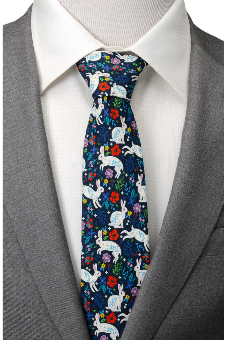 Rabbit Floral Cotton Tie, Alternate, color, BLACK