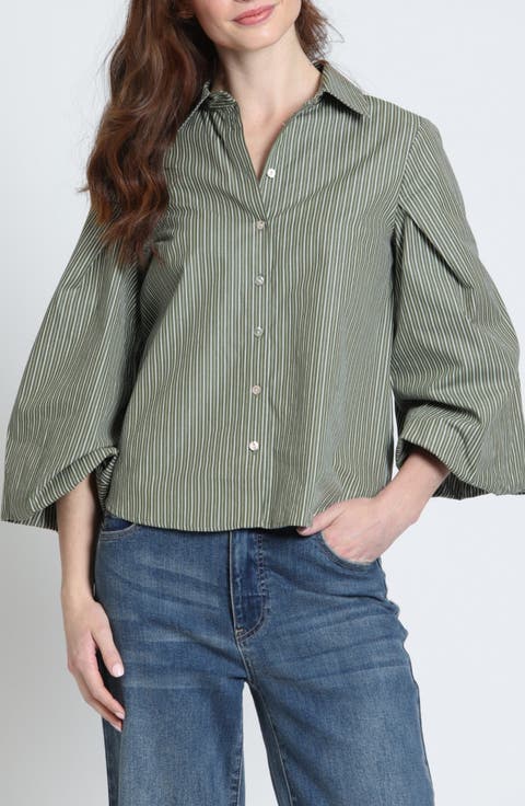 Cotton Bubble Sleeve Button-Up Shirt