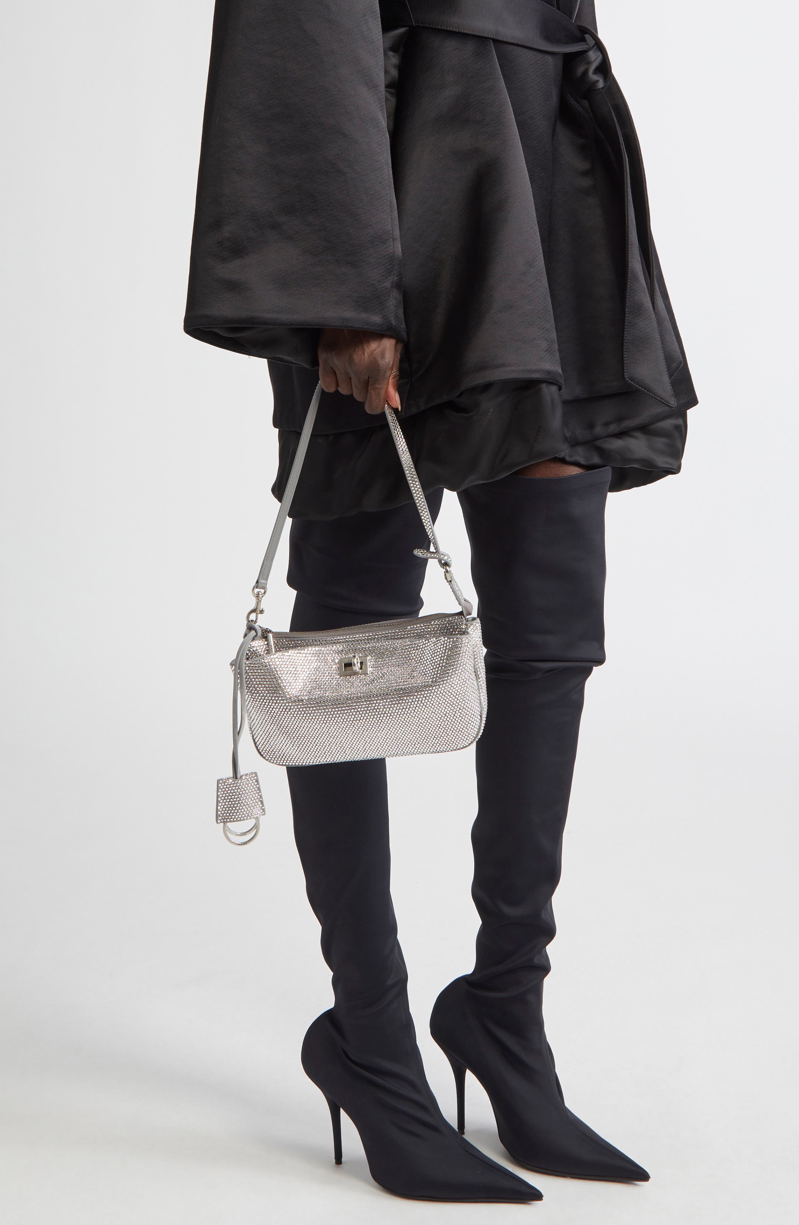 Balenciaga Mini Rodeo Crystal Embellished Leather Sling Pouchette, Alternate, color, 1232 Smoke Grey