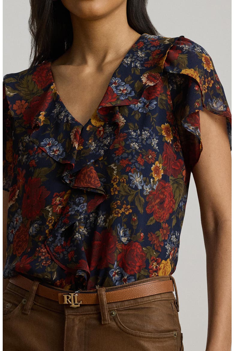 Floral Ruffle Accent Top, Alternate, color, NAVY MULTI