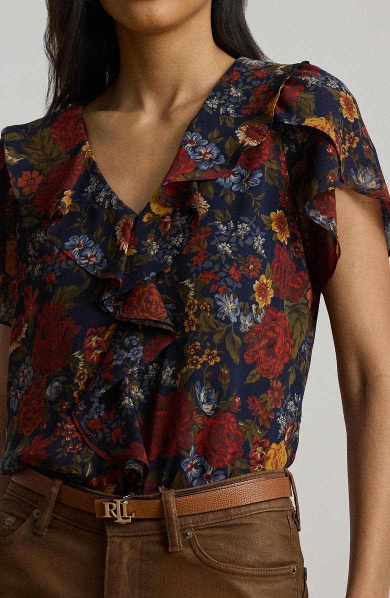 Lauren Ralph Lauren Floral Ruffle Accent Top, Alternate, color, Navy Multi