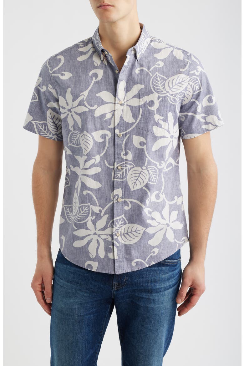 Tiare Pareau Floral Cotton Button-Down Shirt, Main, color, CADET