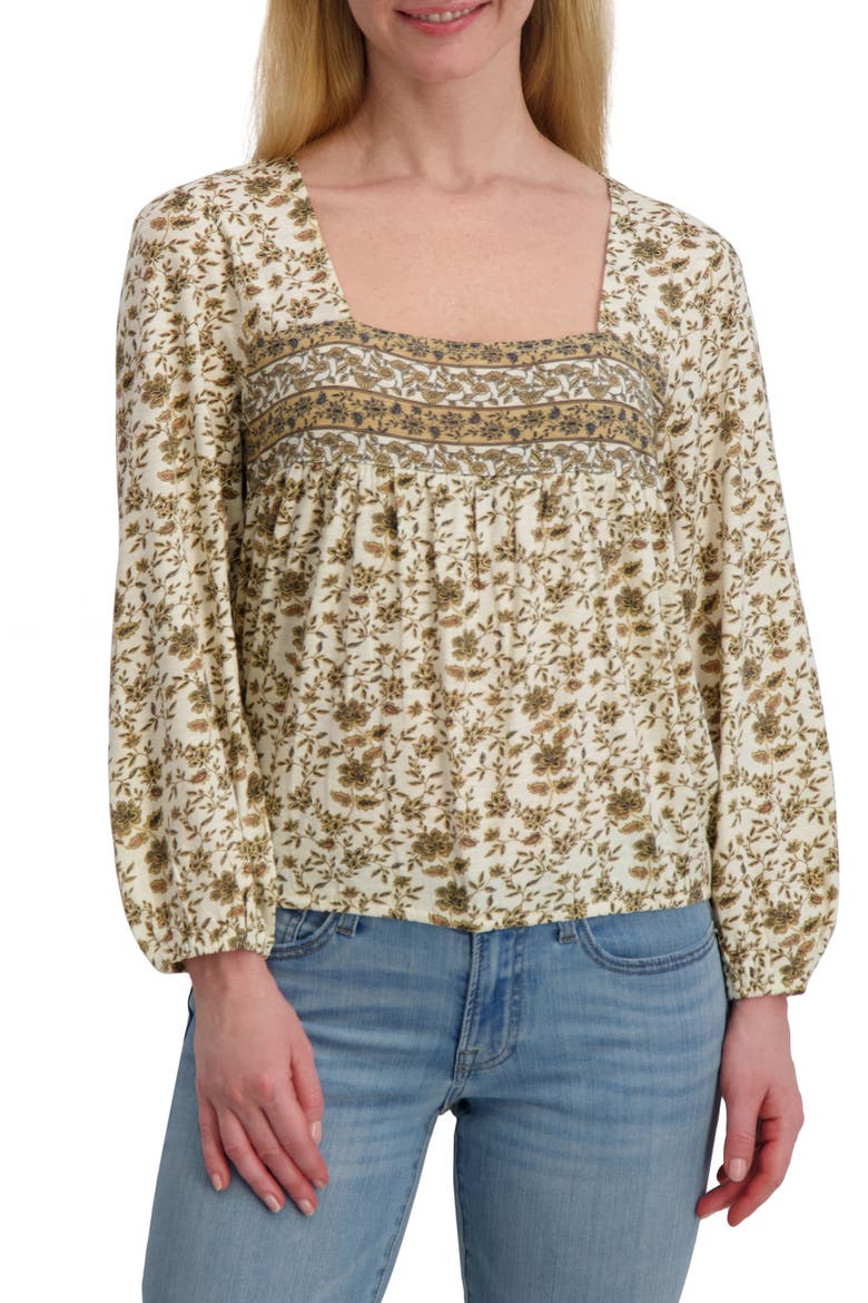 Floral Long Sleever Bubble Hem Cotton Top, Main, color, CREAM FLORAL