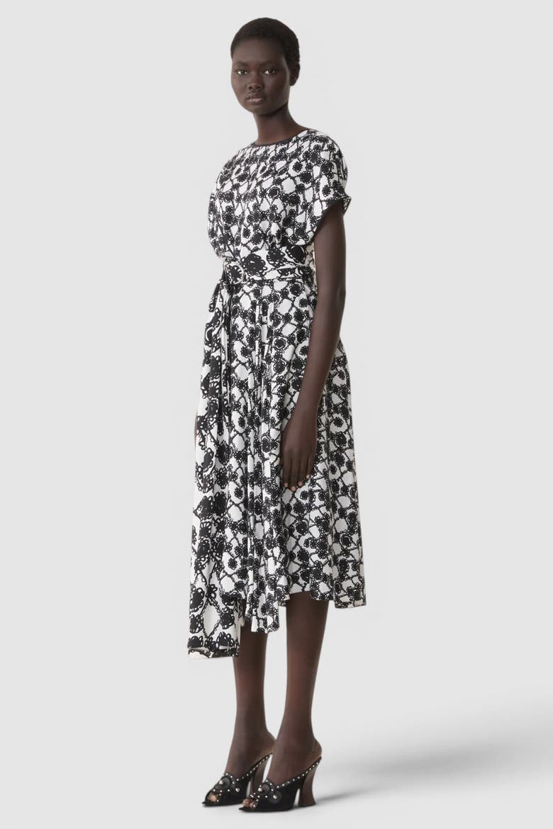 PRINTED SILK DRAPED DRESS, Alternate, color, White/Black