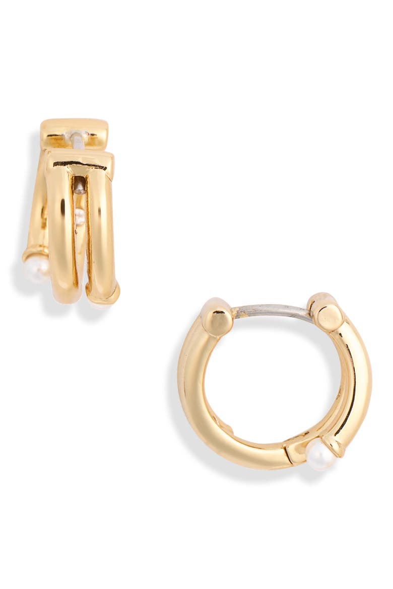 faux pearl huggie hoop earrings, Alternate, color, CREAM / GOLD