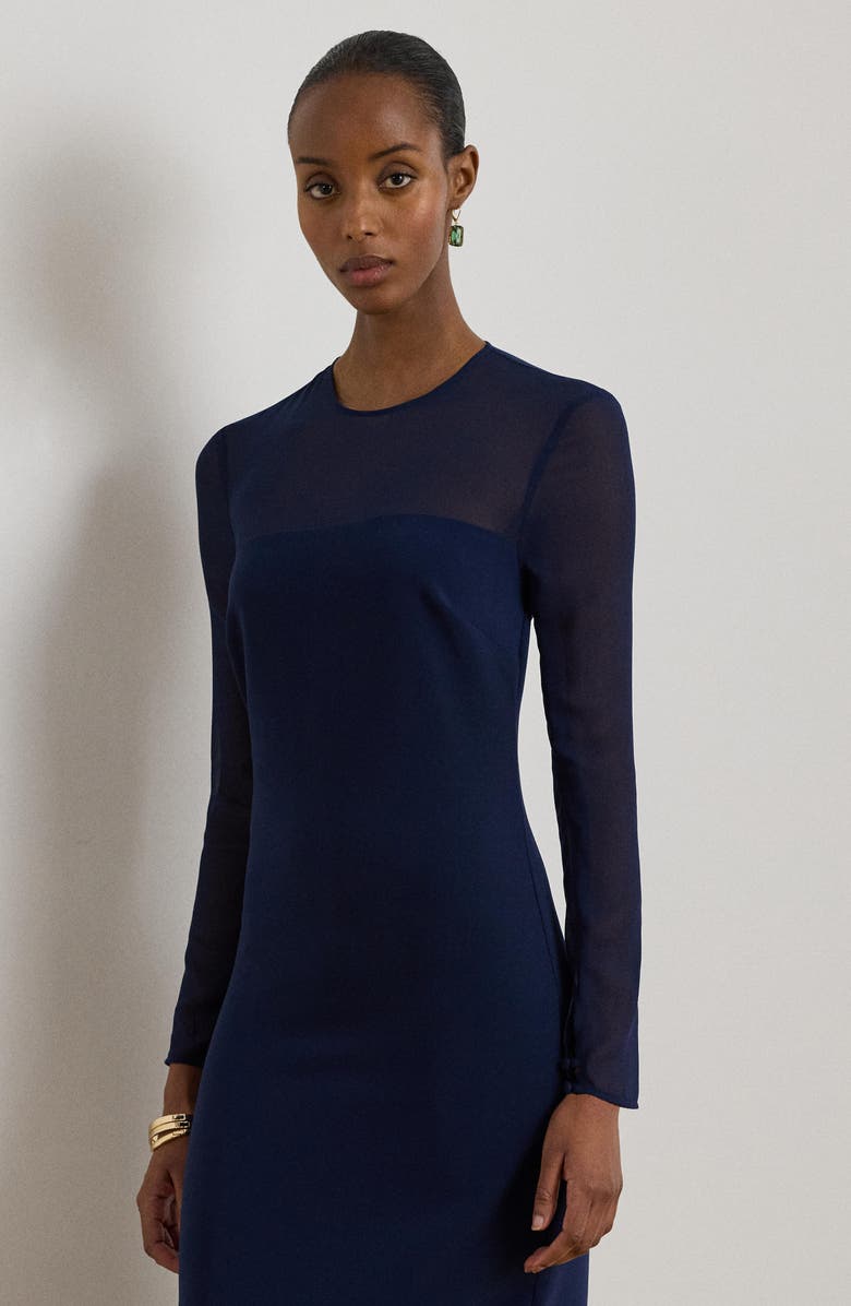 Lauren Ralph Lauren Sheer Yoke Wool Cocktail Dress, Alternate, color, Refined Navy Blue