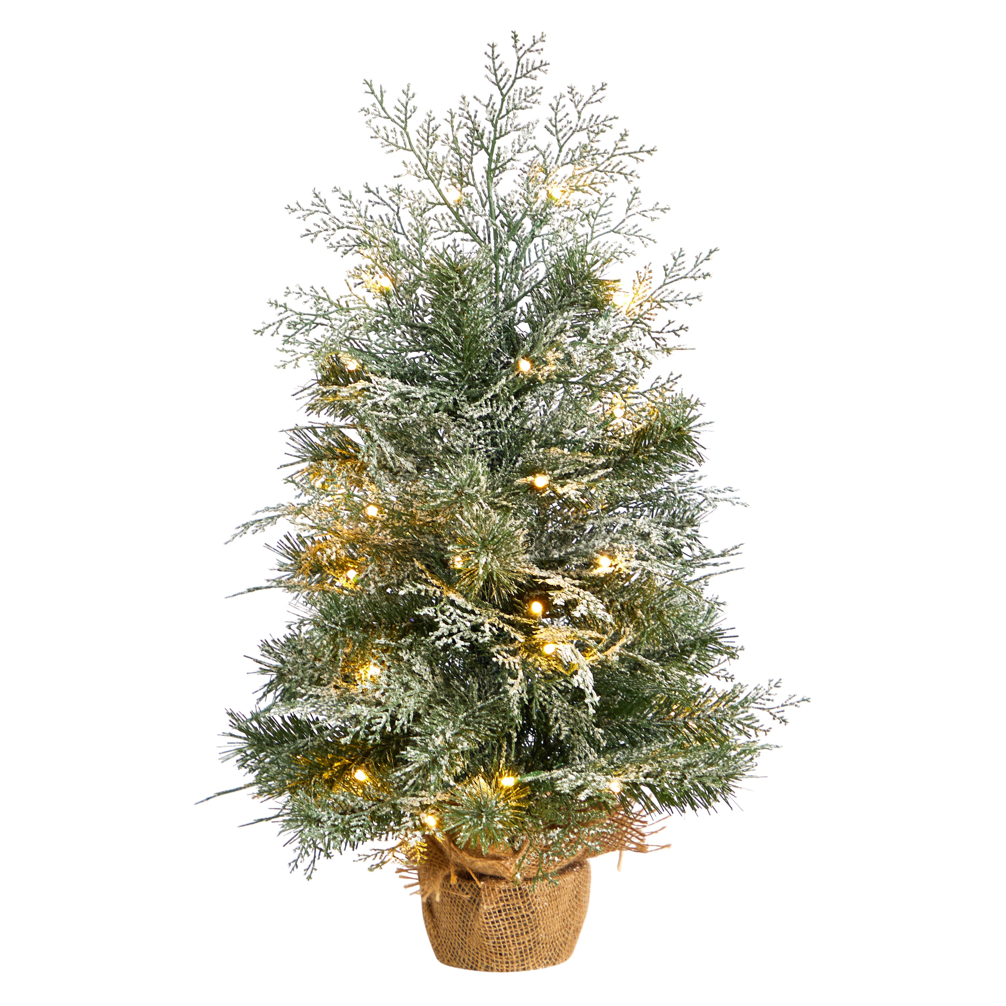 2 Ft Winter Frosted Artificial Christmas Tree With 35 Led Lights In Burlap Base