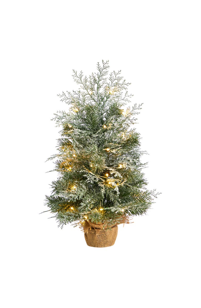 NEARLY NATURAL 2-ft Winter Frosted Artificial Christmas Tree with 35 LED Lights in Burlap Base, Main, color, Green