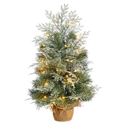 2-ft Winter Frosted Artificial Christmas Tree with 35 LED Lights in Burlap Base