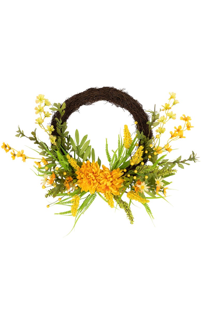 Northlight Peonies and Berries Floral Artificial Fall Harvest Twig Half Wreath - 22", Main, color, Yellow