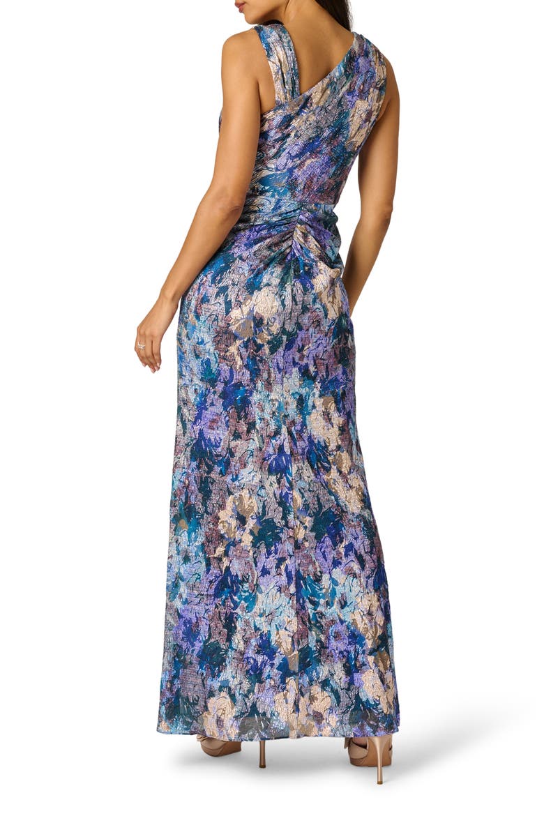 Floral Metallic Crinkle Asymmetric Neck Gown, Alternate, color, BLUE MULTI