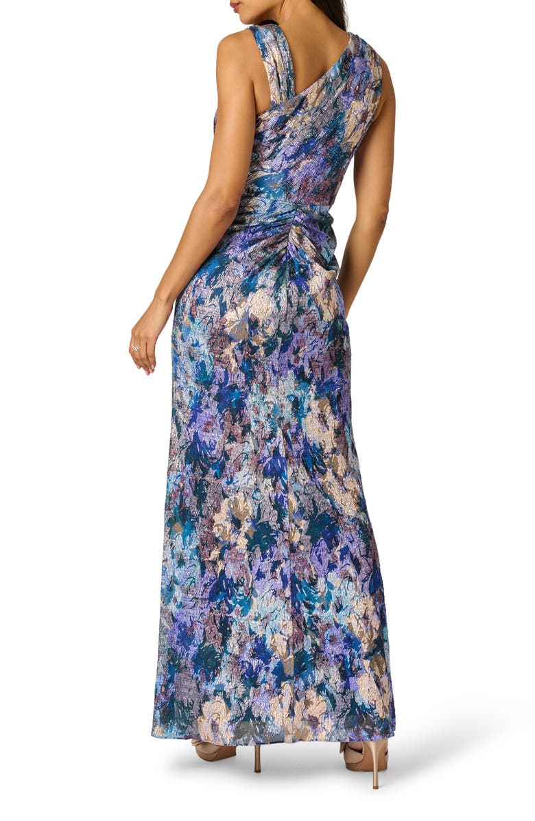 Adrianna Papell Floral Metallic Crinkle Asymmetric Neck Gown, Alternate, color, Blue Multi