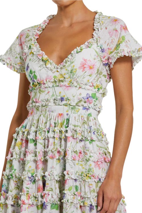 Mac Duggal Cap Sleeve V Neck Open Back Floral Cotton Dress In White Multi