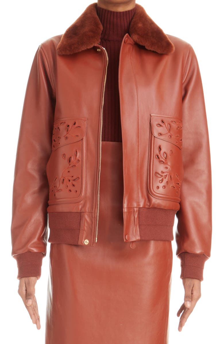 Chloé Broderie Anglaise Leather & Genuine Shearling Bomber Jacket, Main, color, 