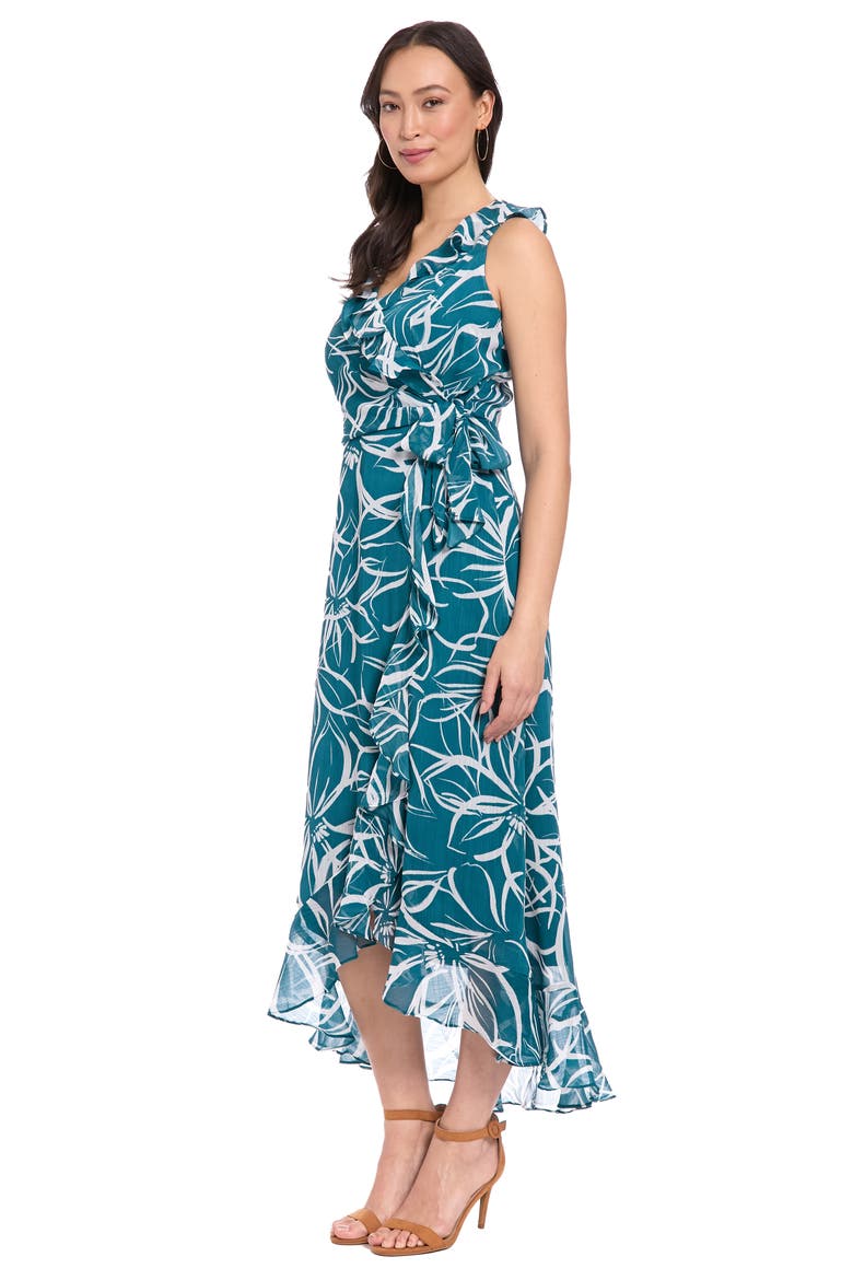 Ruffle Sleeveless Faux Wrap Dress, Alternate, color, DARK TEAL/ WHITE