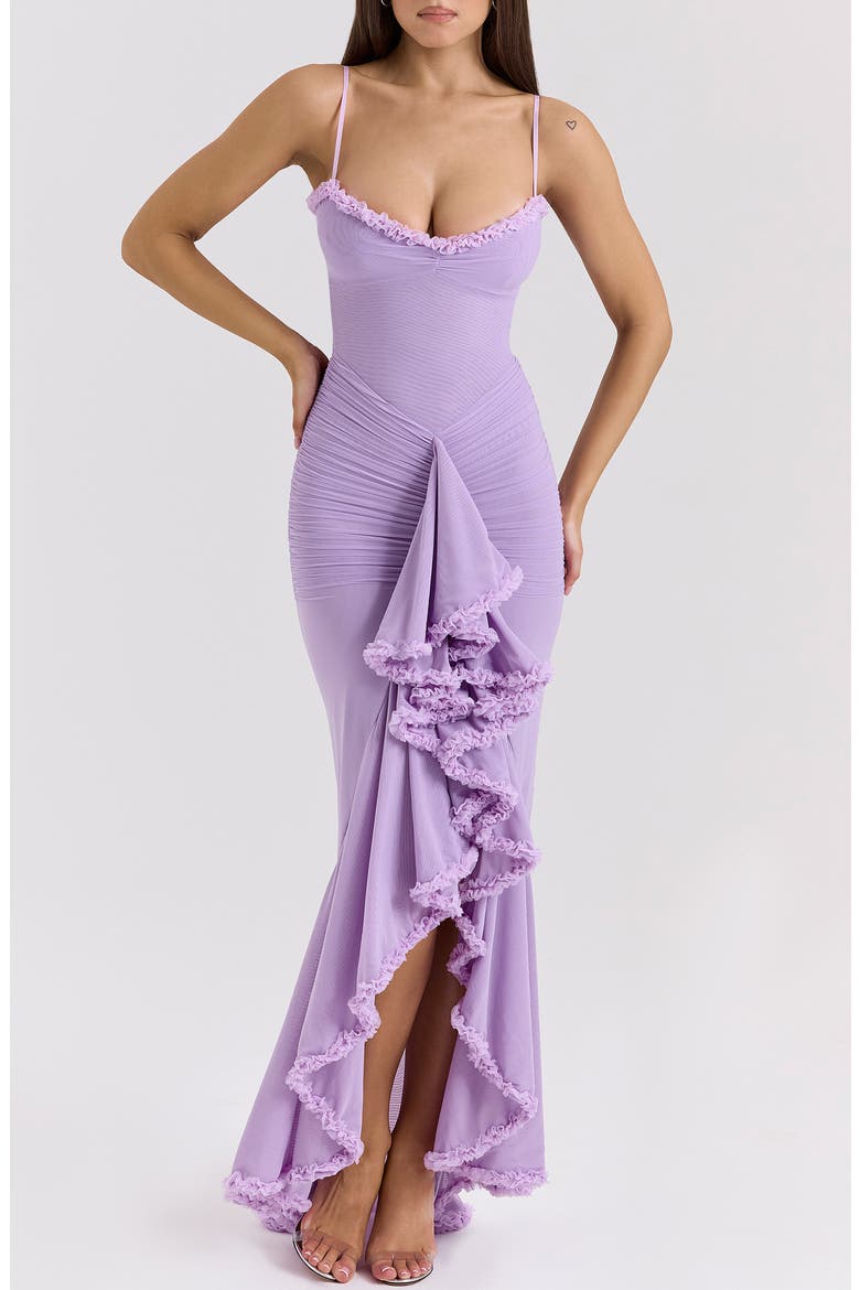Gabbi Ruffle Mesh High-Low Cocktail Dress, Main, color, SHEER LILAC