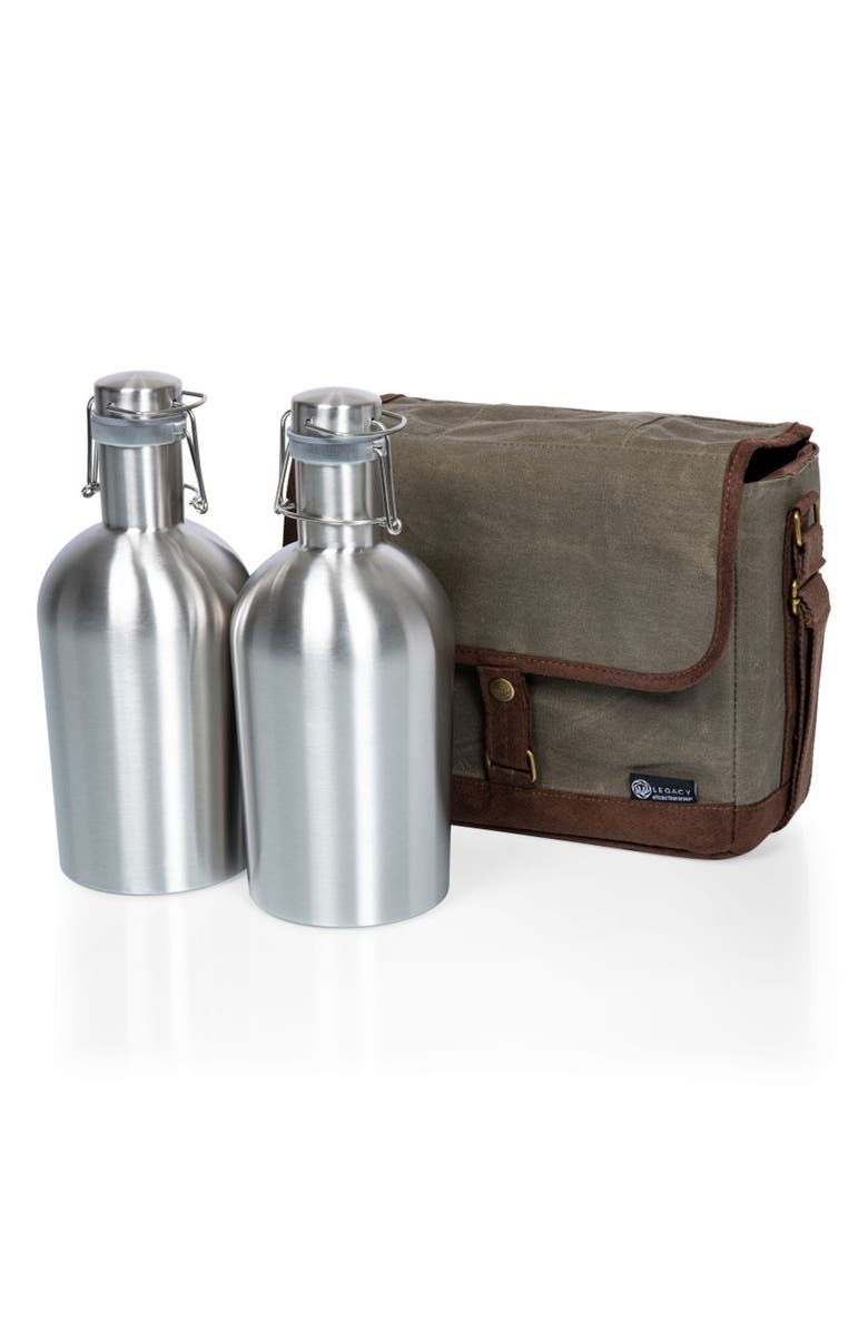 Picnic Time Insulated Double Growler Tote with 64 oz. Stainless Steel Growlers - Khaki Green, Alternate, color, 