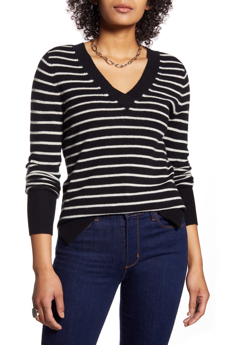 V-Neck Cashmere Sweater, Main, color, BLACK- IVORY UNEVEN STRIPE