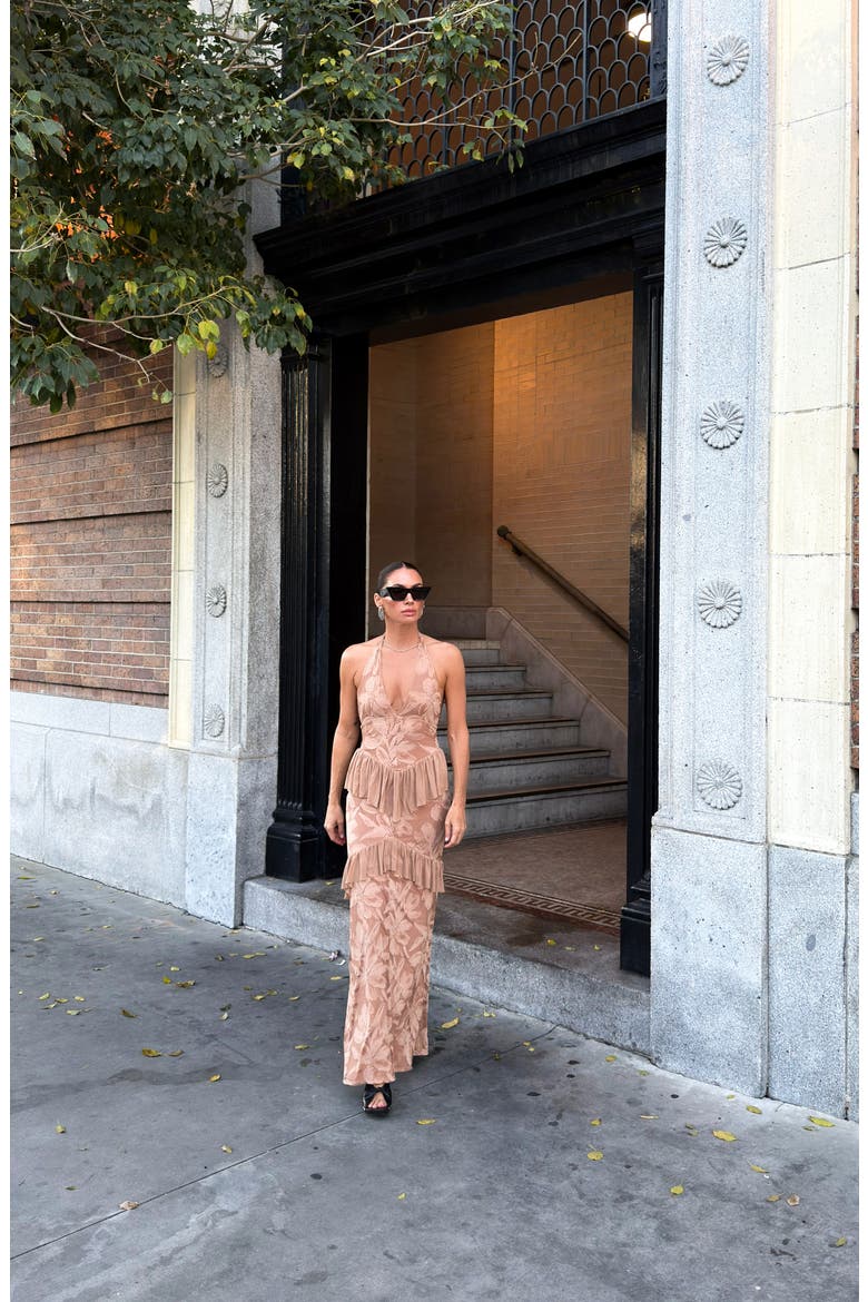 Athens Floral Lace Ruffle Halter Maxi Dress, Alternate, color, ALMOND