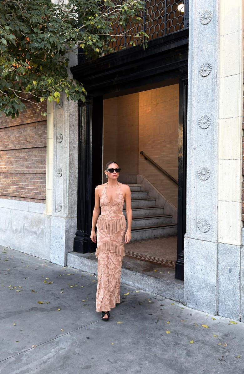 AFRM Athens Floral Lace Ruffle Halter Maxi Dress, Alternate, color, Almond