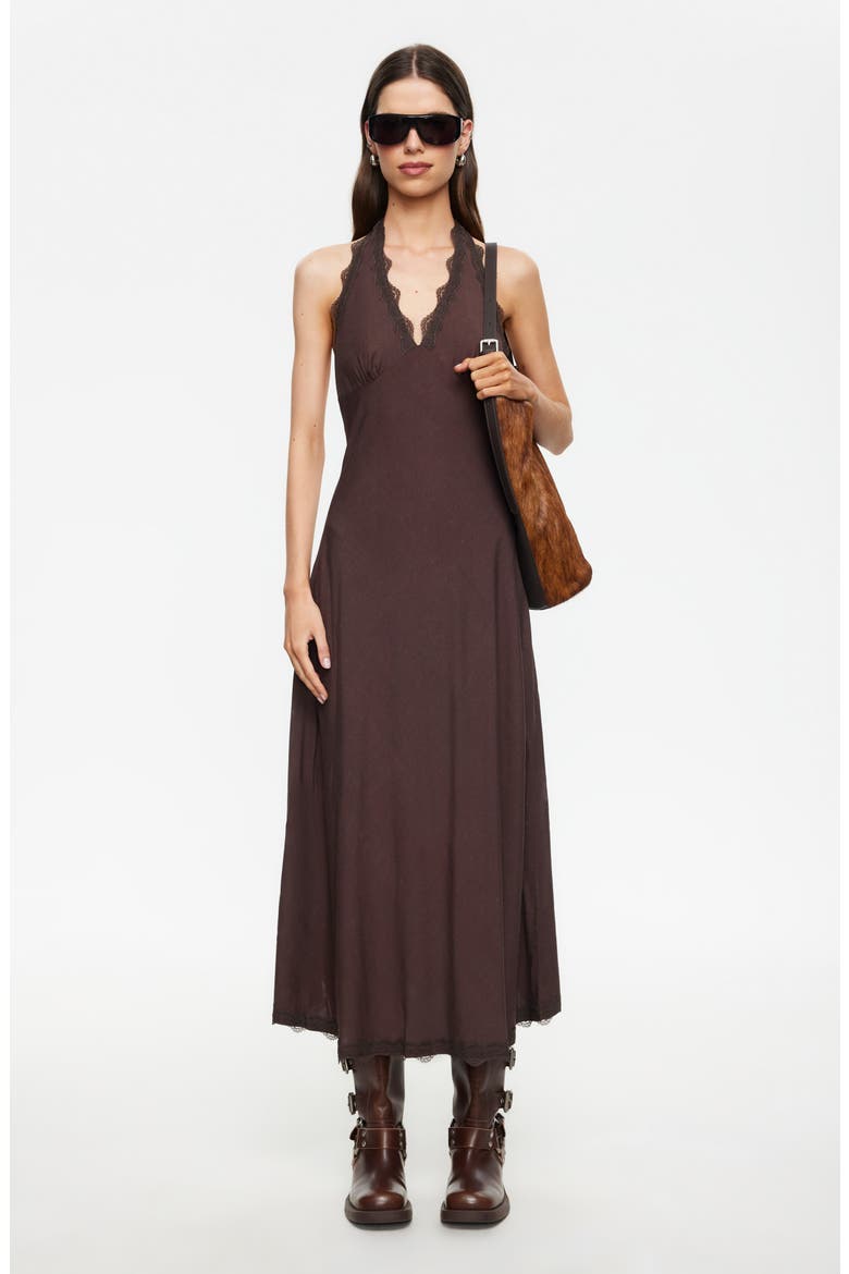 Stars Align Lace Trim Linen Blend Halter Midi Dress, Alternate, color, BROWN