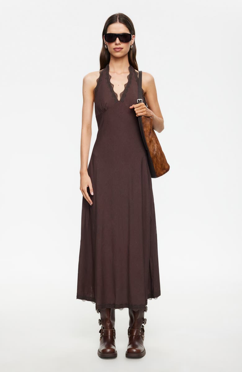 LIONESS Stars Align Lace Trim Linen Blend Halter Midi Dress, Alternate, color, Brown