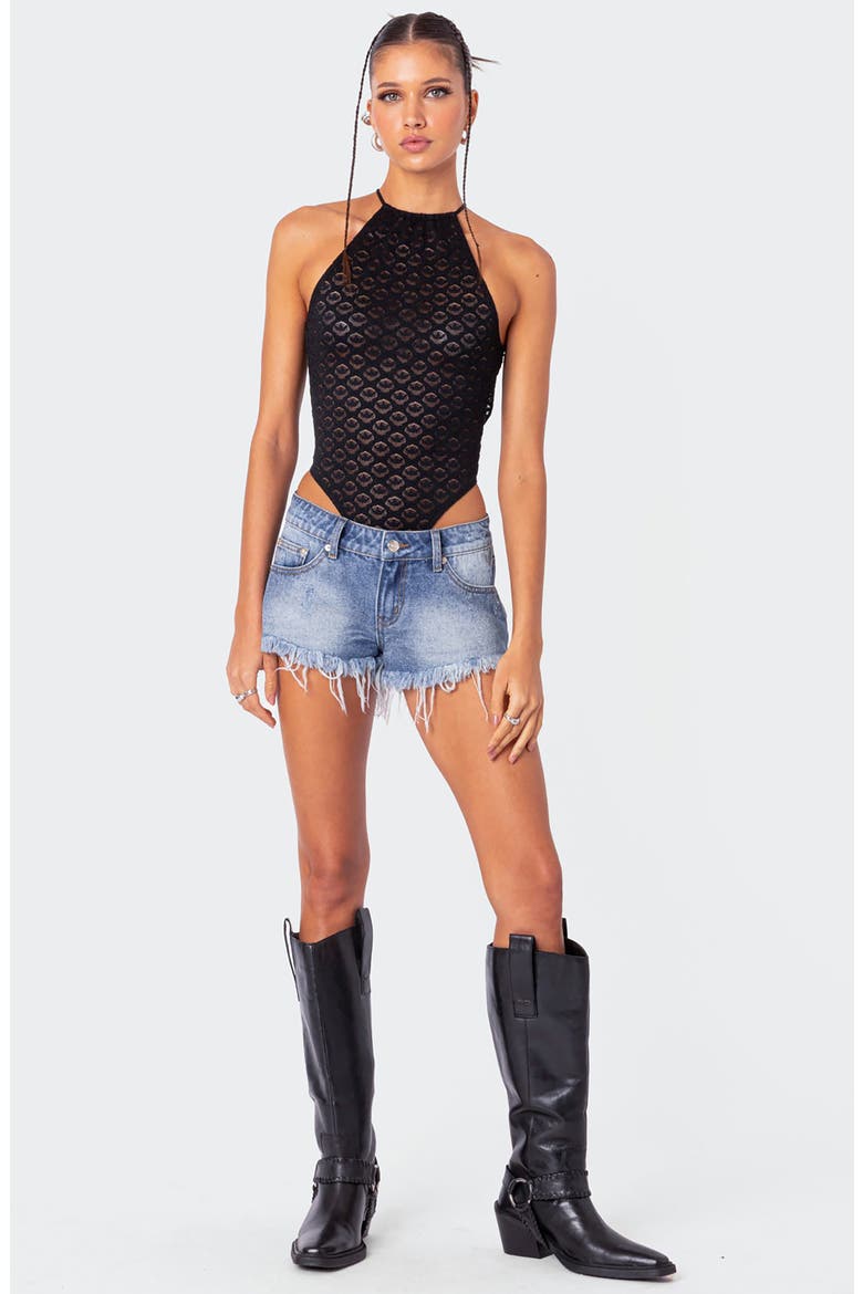 Lace Halter Open Back Sheer Bodysuit, Alternate, color, BLACK