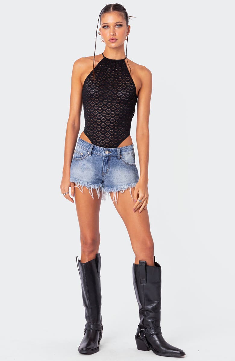 EDIKTED Lace Halter Open Back Sheer Bodysuit, Alternate, color, Black