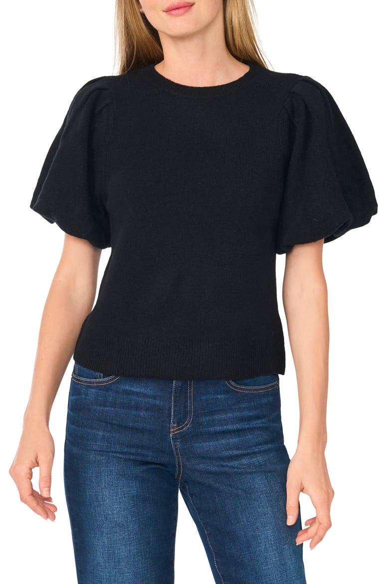 Puff Sleeve Crewneck Sweater, Main, color, RICH BLACK