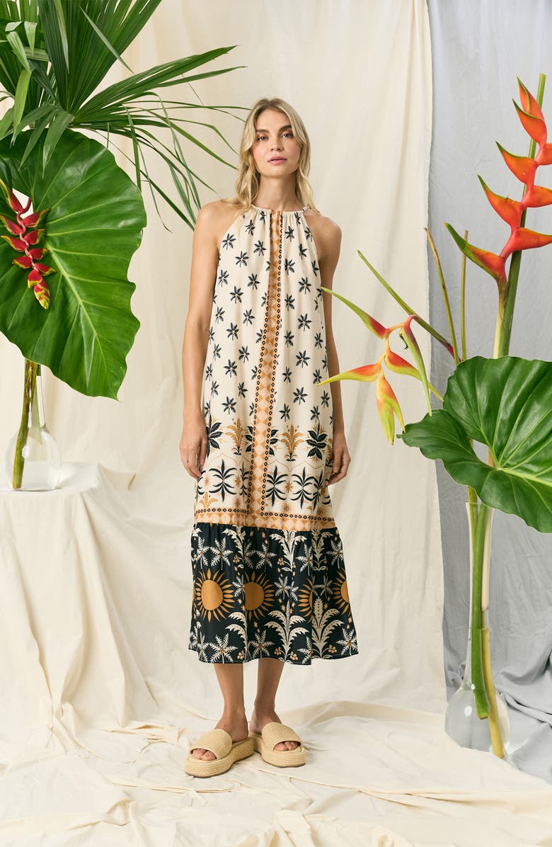 The Good Journey Caravan Palms Mixed Print Midi Dress, Alternate, color, Ivory/ Gold Flame