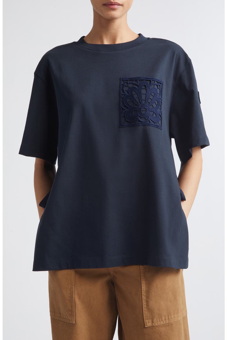 Lace Trim Cotton T-Shirt, Main, color, NAVY BLUE