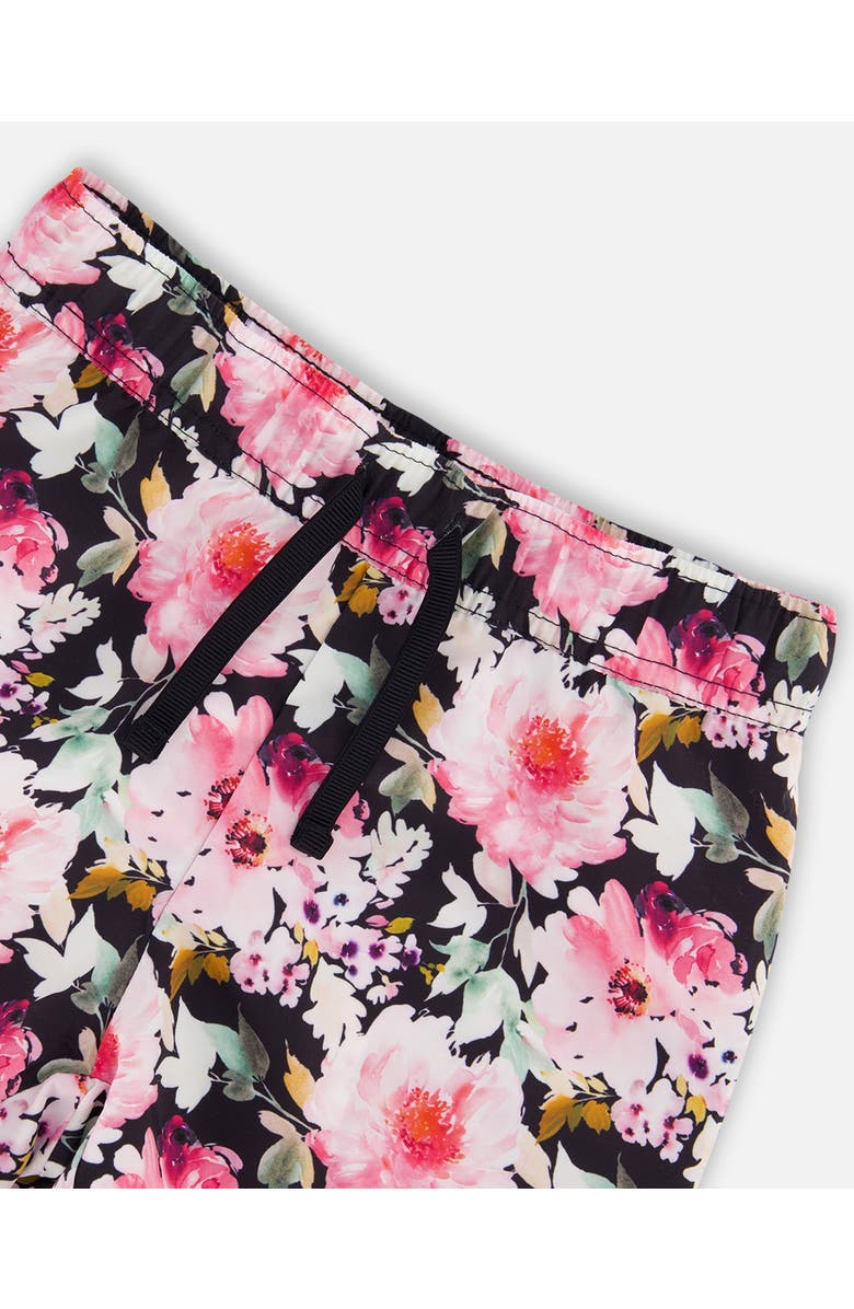 Deux par Deux Little Girl's Athletic Shorts Black Printed Big Flowers, Alternate, color,
