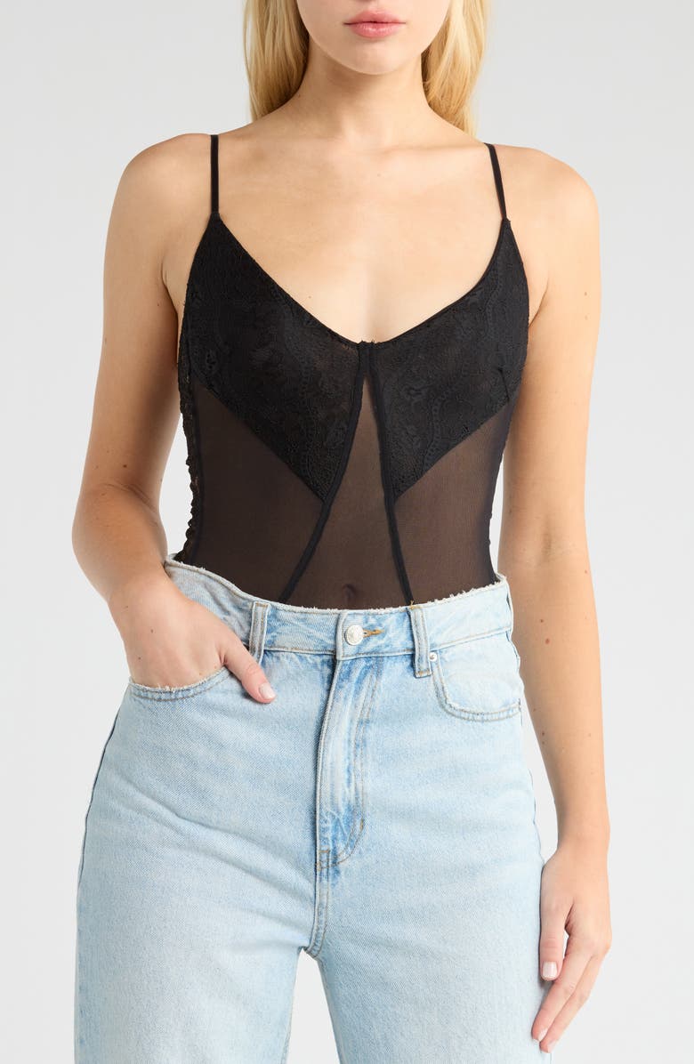 Free People Take My Number Lace & Mesh Bodysuit, Alternate, color, Black