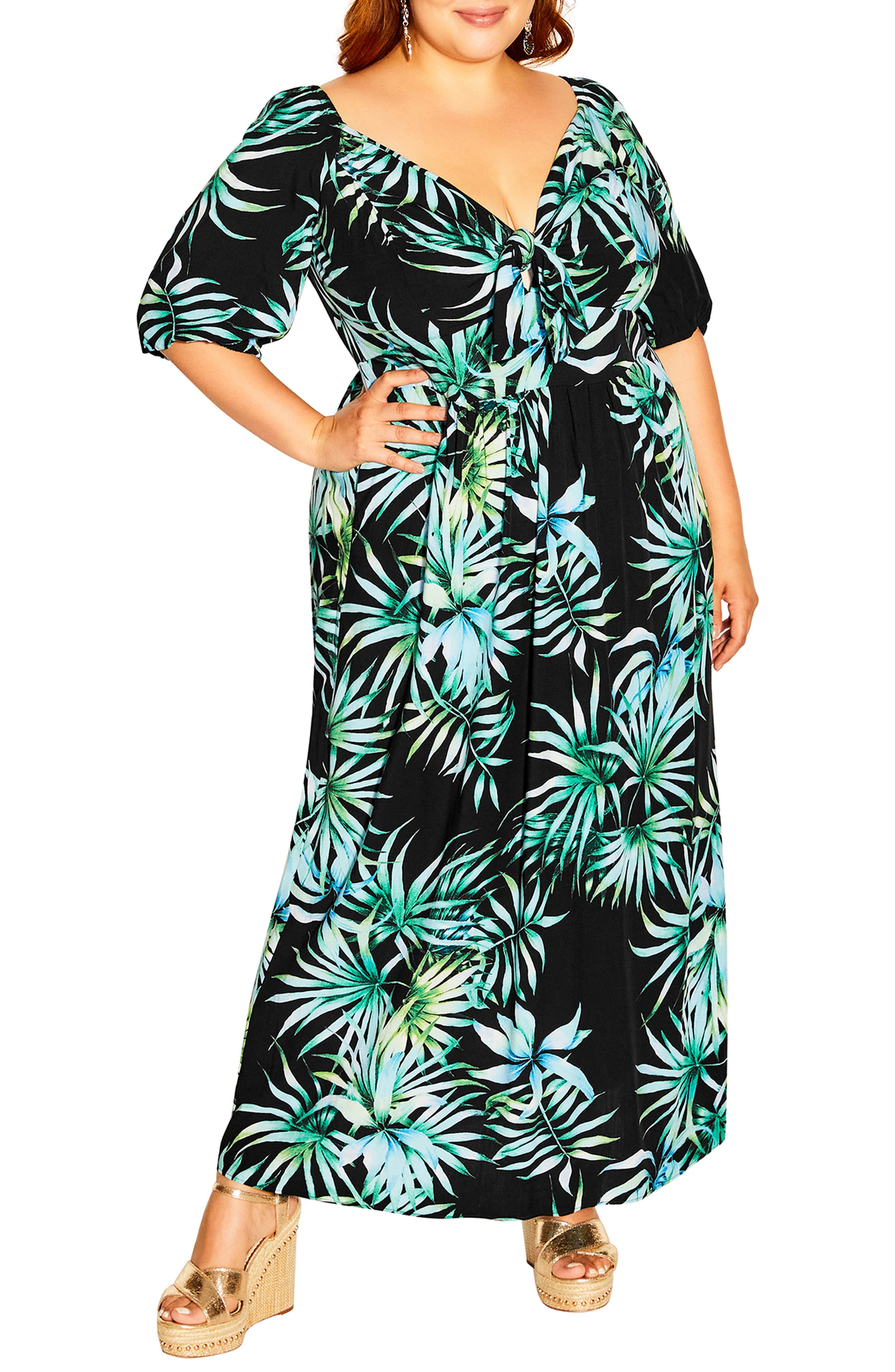 City Chic Phi Phi Tie Front Palm Print Midi Dress (Women) | Nordstrom