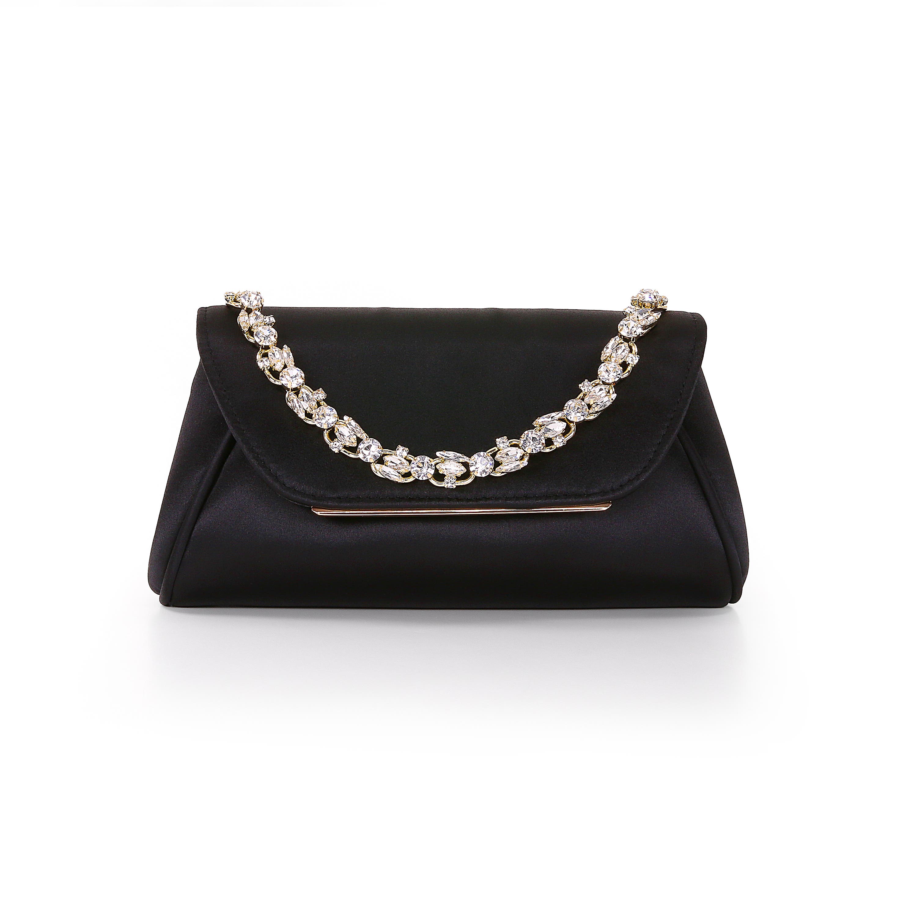 Seraphina Satin Clutch with Crystal Necklace Handslip, Main, color, Black