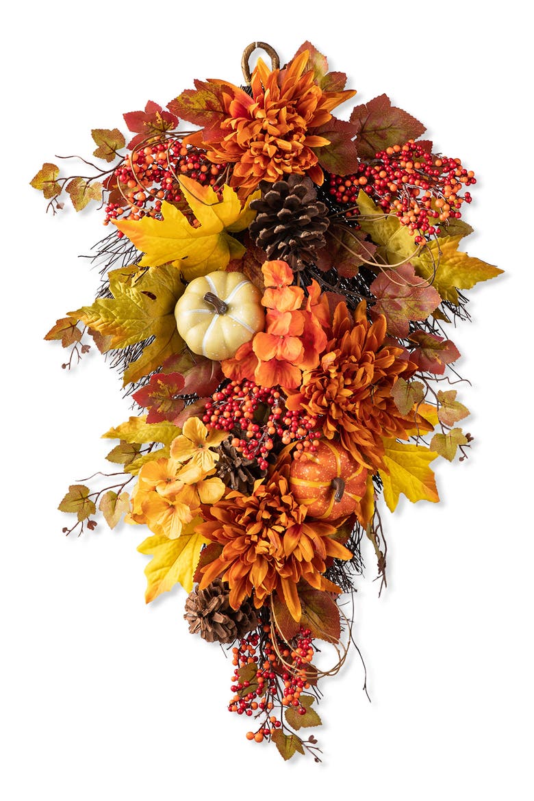 27"H Fall Dahlia Pumpkin  Leaf and Berry Teardrop, Main, color, Orange