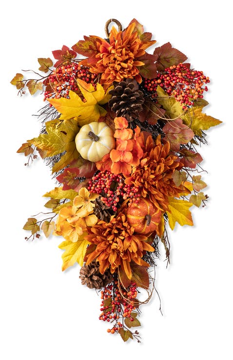 27"H Fall Dahlia Pumpkin  Leaf and Berry Teardrop