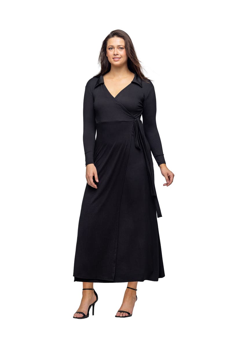 24seven Comfort Apparel Comfortable Collared Wrap Maxi Dress, Alternate, color, Black