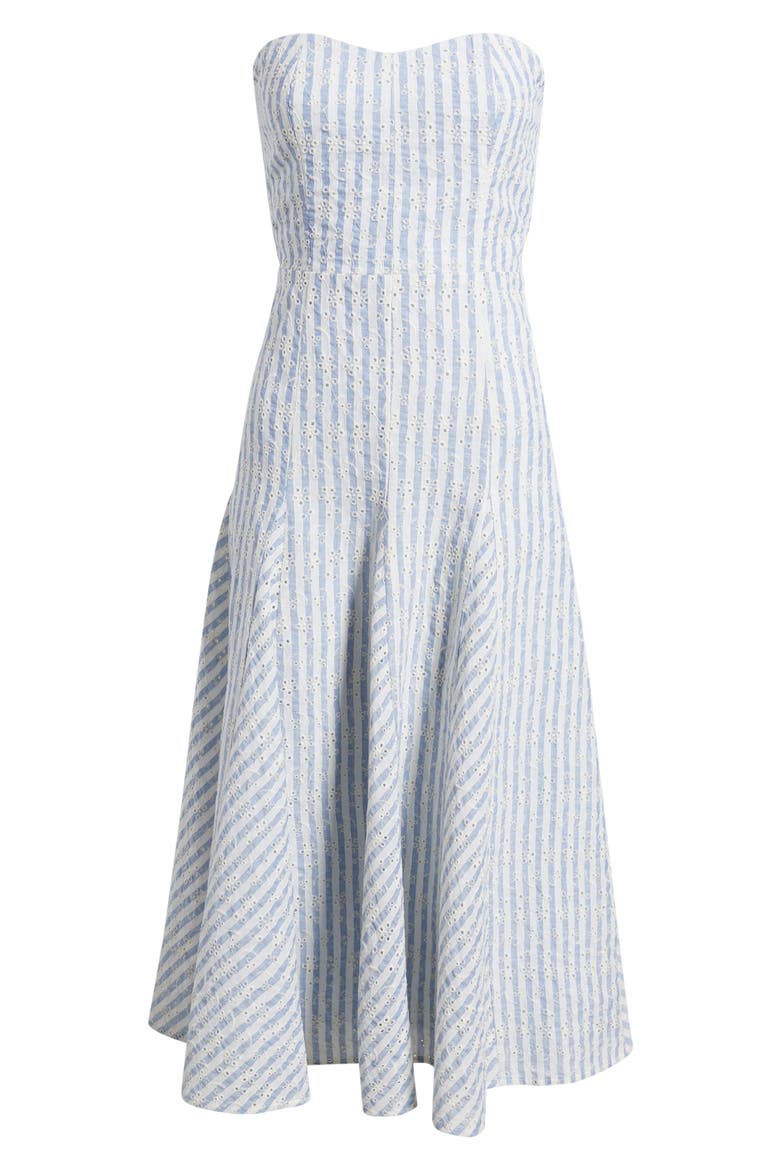 Karina Strapless Stripe Eyelet Midi Dress, Alternate, color, BLUE/ WHITE