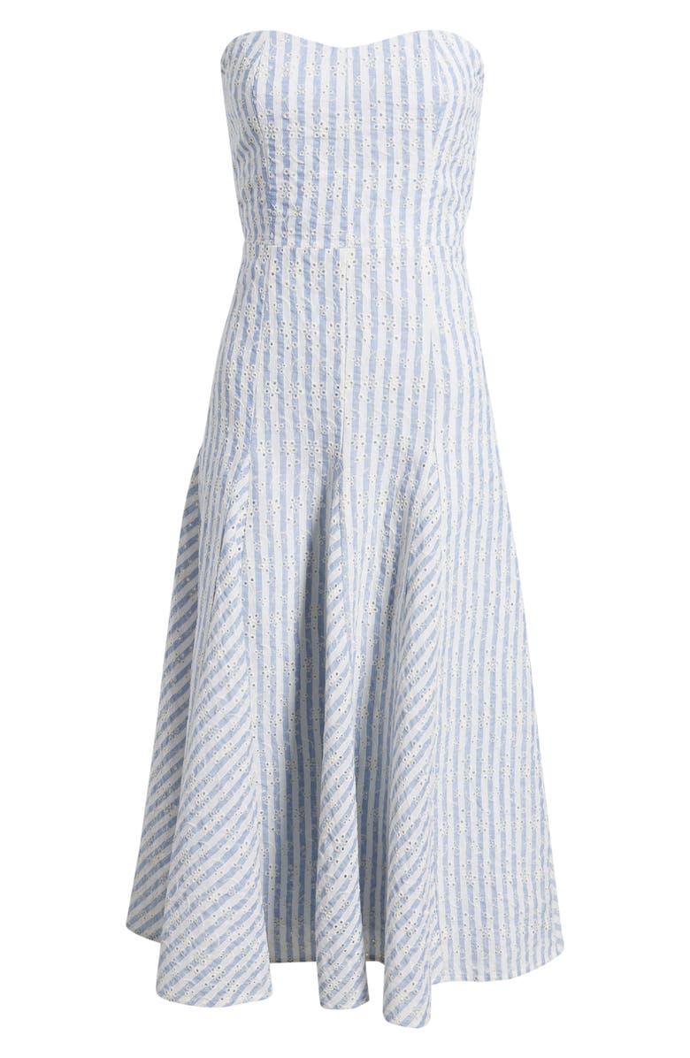 Lulus Karina Strapless Stripe Eyelet Midi Dress, Alternate, color, Blue/ White