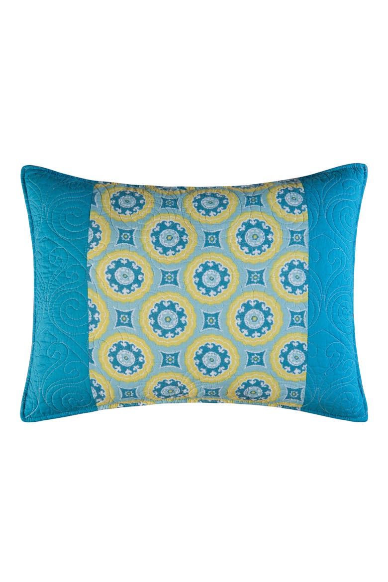 20" x 26" Delilah Blue Yellow Damask Cotton Standard Sham - Machine Washable, Main, color, Blue