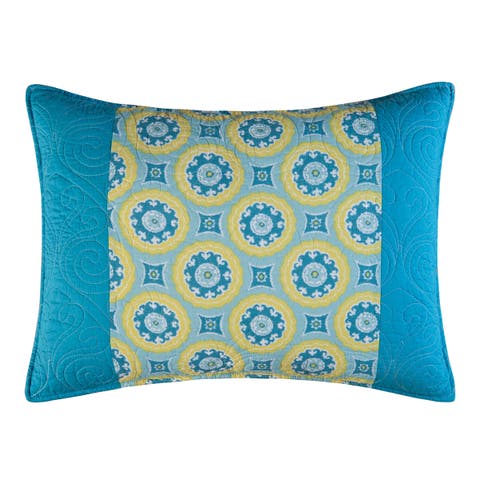 20" x 26" Delilah Blue Yellow Damask Cotton Standard Sham - Machine Washable