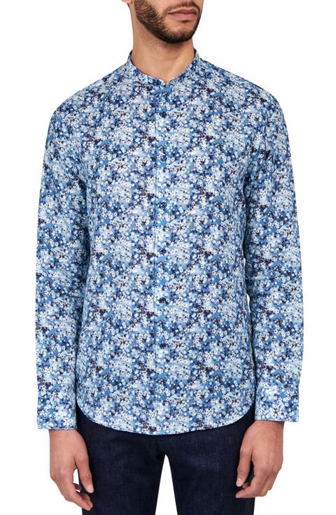 Slim Fit Cherry Blossom Linen Cotton Banded Collar Long Sleeve Shirt