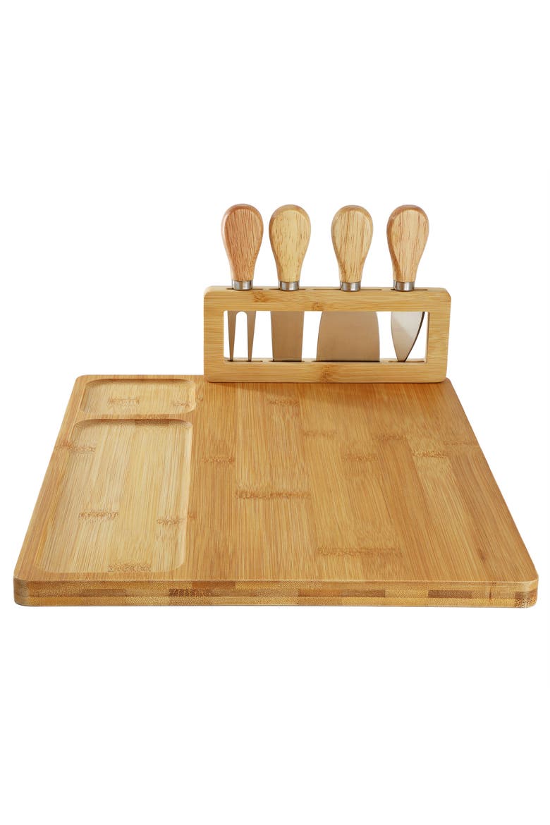 Wood Charcuterie and Cheese Board with Knife Stand Attachment and 4 Piece Knife Set, Alternate, color, Bamboo