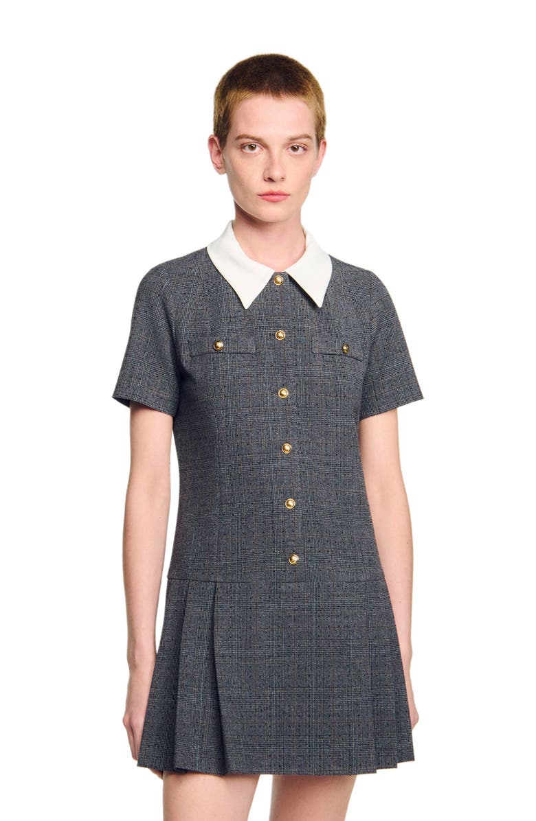 SANDRO Short pleated dress with rhinestones, Alternate, color, Grey / Brown