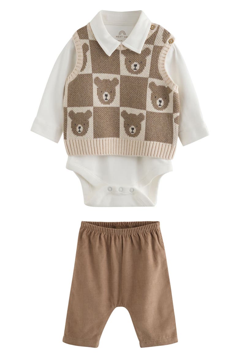 Kids' Bear Sweater Vest, Bodysuit & Pants 3-Piece Set, Main, color, BROWN