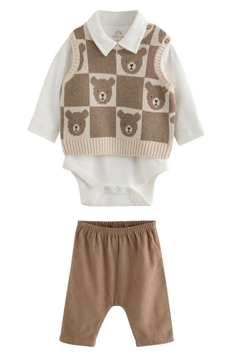 Kids' Bear Sweater Vest, Bodysuit & Pants 3-Piece Set