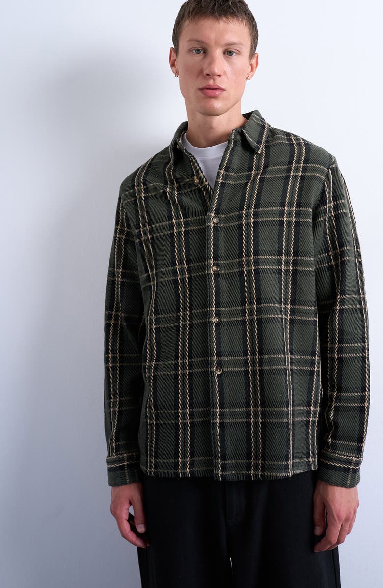 Topman Textured Check Overshirt, Main, color, Medium Green