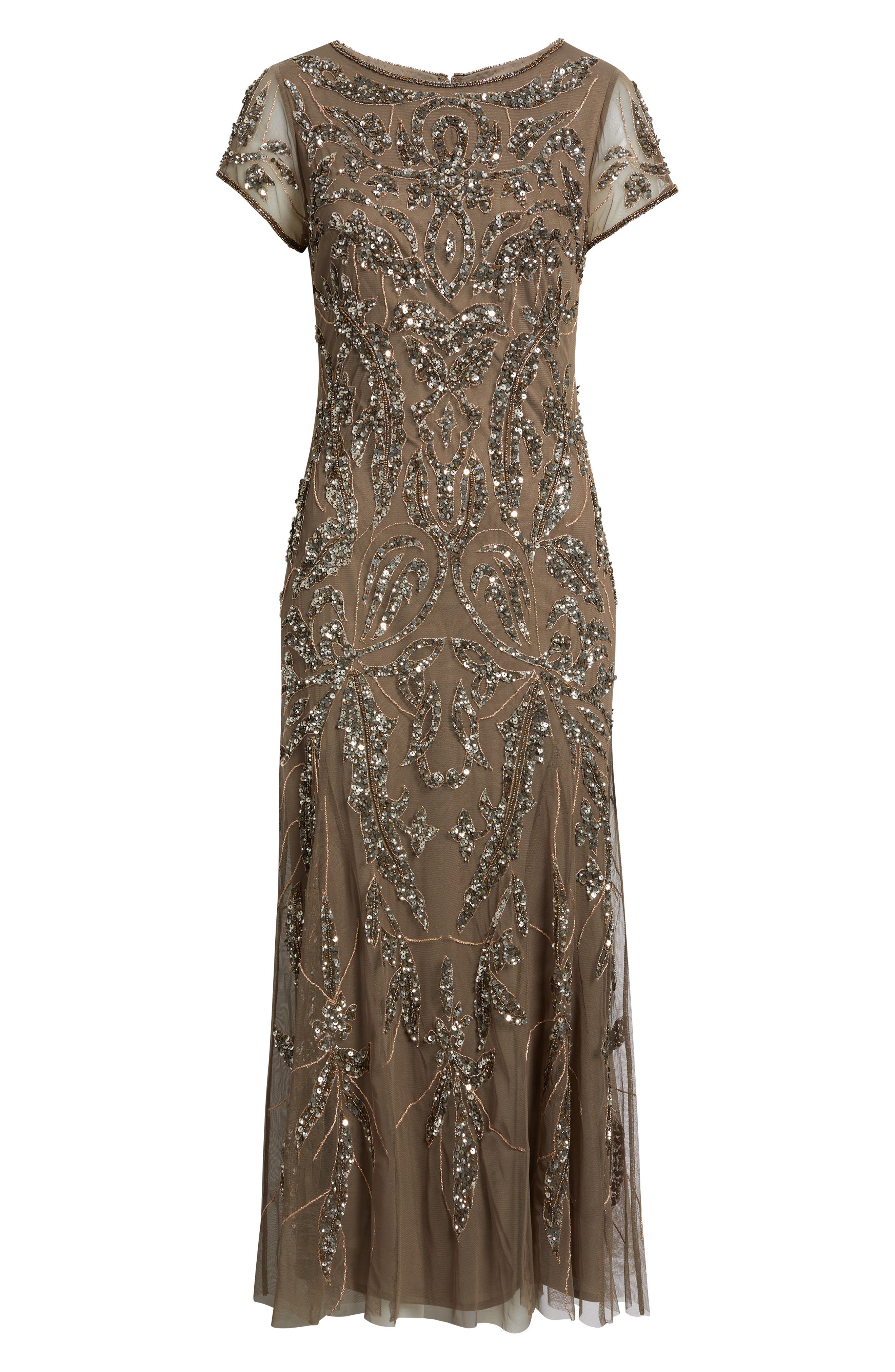 Pisarro Nights Women's Beaded Mesh Midi Cocktail Dress - Brown