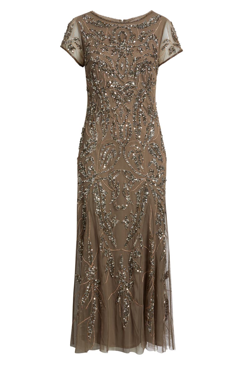 Beaded Mesh Midi Cocktail Dress, Alternate, color, MOCHA